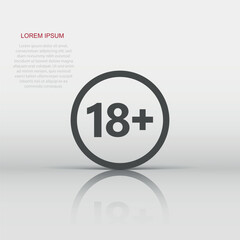 18 plus icon in flat style. Adult only vector illustration on white isolated background. Forbidden child business concept.