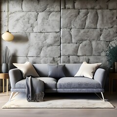 modern living room interior with sofa, Light grey living room sofa with pillows in front of a natural stone wall, room, seat, 3d, decor, AI generated