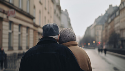 Elderly senior couple hugging and walking or traveling in the city, back view, AI generated