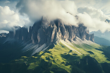Drone aerial view landscape of mountain peaks in the dolomites Italy - obrazy, fototapety, plakaty