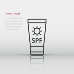 Sun protection icon in flat style. Sunblock cream vector illustration on white isolated background. Spf care business concept.