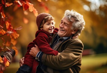 uncle and nephew hugging in autumn park, Generative Ai - obrazy, fototapety, plakaty