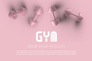 Banner with barbells dumbbells fitness realistic three-dimensional composition on pink background, crossfit logo