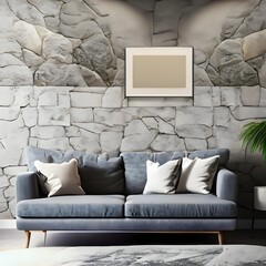 modern living room with sofa, Light grey living room sofa with pillows in front of a natural stone wall, living, leather, contemporary, lounge, seat,  AI generated