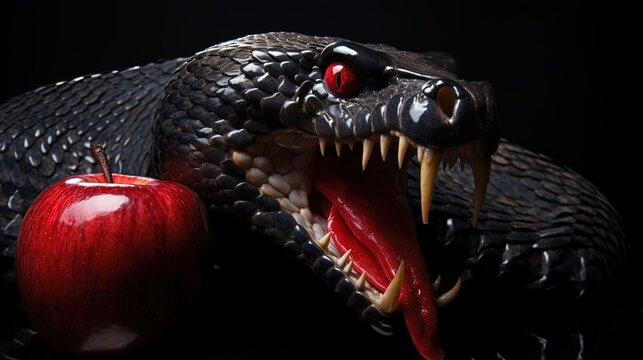 fierce black snake with red apple, Generative Ai 