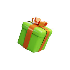 Realistic green gift box with orange ribbon bow isolated on a white background. 3d render floating modern holiday surprise box. Clay, plastic vector icon for present, birthday or anniversary banners