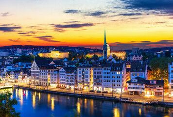 Skyline panorama on the downtown of Zurich night view, Switzerland - obrazy, fototapety, plakaty