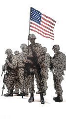 American Flag concept art with soldiers, matte, white background, Memorial Day, USA, Soldier, US Army, Military, America, Honor, Freedom. Generative AI