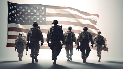 Obraz premium American Flag concept art with soldiers, matte, white background, Memorial Day, USA, Soldier, US Army, Military, America, Honor, Freedom. Generative AI