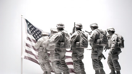 American Flag concept art with soldiers, matte, white background, Memorial Day, USA, Soldier, US Army, Military, America, Honor, Freedom. Generative AI