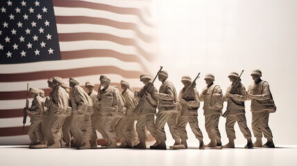 Fototapeta premium American Flag concept art with soldiers, matte, white background, Memorial Day, USA, Soldier, US Army, Military, America, Honor, Freedom. Generative AI