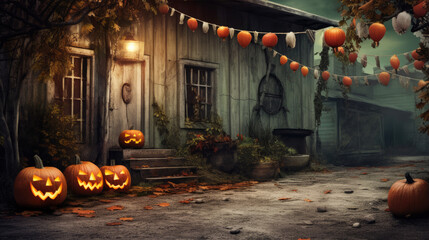Old Halloween house decorated with pumpkins