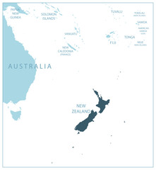 New Zealand - blue map with neighboring countries and names.