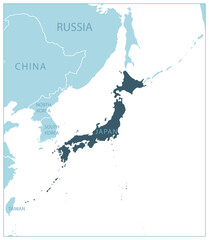 Japan - blue map with neighboring countries and names.