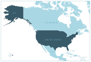 United States of America - blue map with neighboring countries and names.