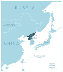 North Korea - blue map with neighboring countries and names.