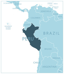 Peru - blue map with neighboring countries and names.