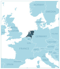 Netherlands - blue map with neighboring countries and names.