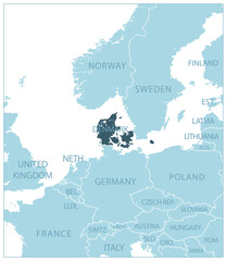 Denmark - blue map with neighboring countries and names.
