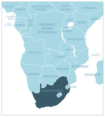 South Africa - blue map with neighboring countries and names.