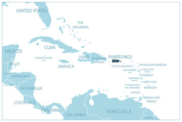 Puerto Rico - blue map with neighboring countries and names.