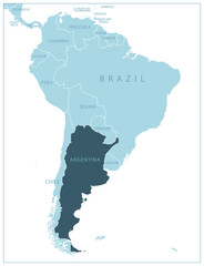 Argentina - blue map with neighboring countries and names.