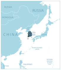 Obraz premium South Korea - blue map with neighboring countries and names.