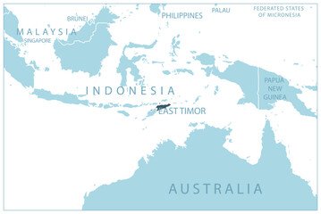 East Timor - blue map with neighboring countries and names.