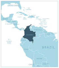 Colombia - blue map with neighboring countries and names.