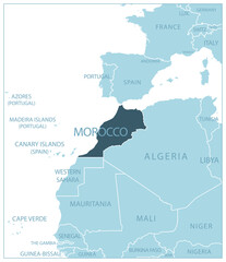Morocco - blue map with neighboring countries and names.