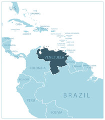 Venezuela - blue map with neighboring countries and names.
