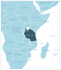 Tanzania - blue map with neighboring countries and names.