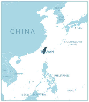 Taiwan - blue map with neighboring countries and names.