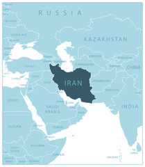 Iran - blue map with neighboring countries and names.