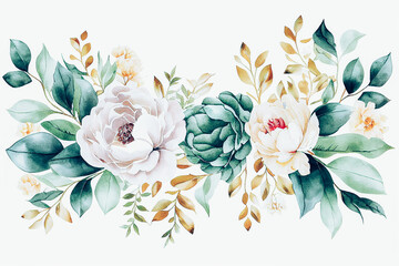 watercolor  floral pattern with green and gold leaves  wedding invitation Generative AI