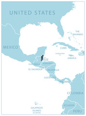 Obraz premium Belize - blue map with neighboring countries and names.