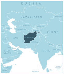Afghanistan - blue map with neighboring countries and names.