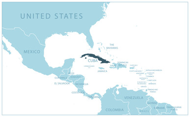 Cuba - blue map with neighboring countries and names.