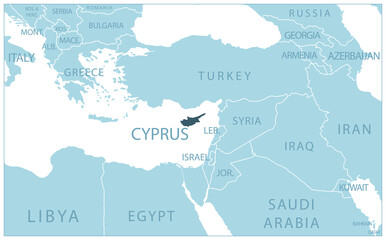 Cyprus - blue map with neighboring countries and names.