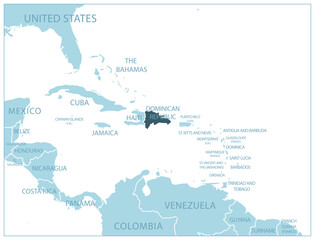 Dominican Republic - blue map with neighboring countries and names.
