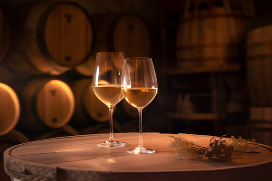 Glasses of white wine on background of wooden oak barrels in cellar of winery
