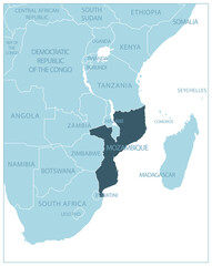 Mozambique - blue map with neighboring countries and names.