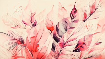 abstract watercolor background of pink tropical leaves; generative AI