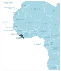 Liberia - blue map with neighboring countries and names.