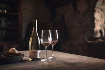 Bottle and glasses of white wine on wooden table on dark masonry background in winery cellar