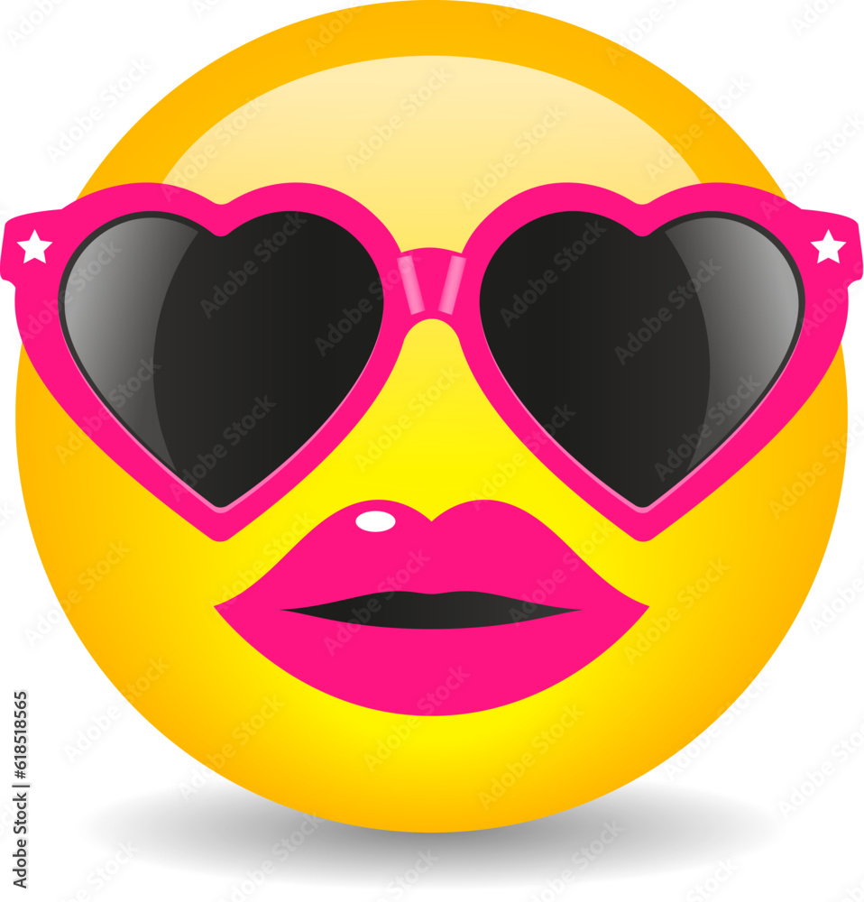 Wall mural Glamour girl emoji with heart shaped fancy sunglasses, vector cartoon