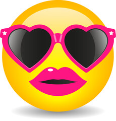 Glamour girl emoji with heart shaped fancy sunglasses, vector cartoon