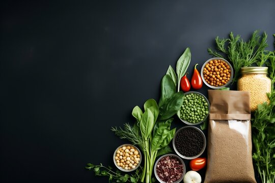 Healthy food ingredients on black background. Top view with copy space. Generative AI