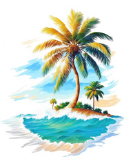 Fototapeta na wymiar Palm tree on a tropical island with beach and sea waves, flat sticker illustration isolated on white.