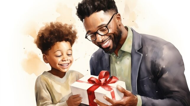 Illustration. Portrait of a father and son holding a gift box against white background. Christmas holiday. Happy family concept. Generative AI